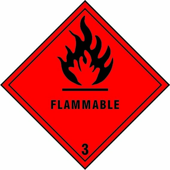 Flammable — 3 sign showing diamond-shaped dangerous-substance symbol with supplied colours and markings. Artwork DANG0001.