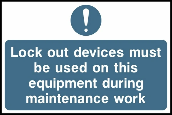Lock out devices must be used on this equipment during maintenance work. a blue instruction panel and mandatory symbol. Artwork LOCK0006.