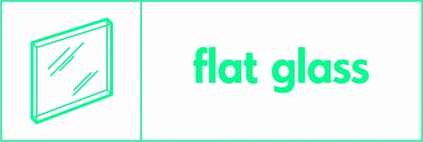 Flat glass recycling sign showing glass illustration and wording on a green on white letterbox panel. Artwork GLAS0006.