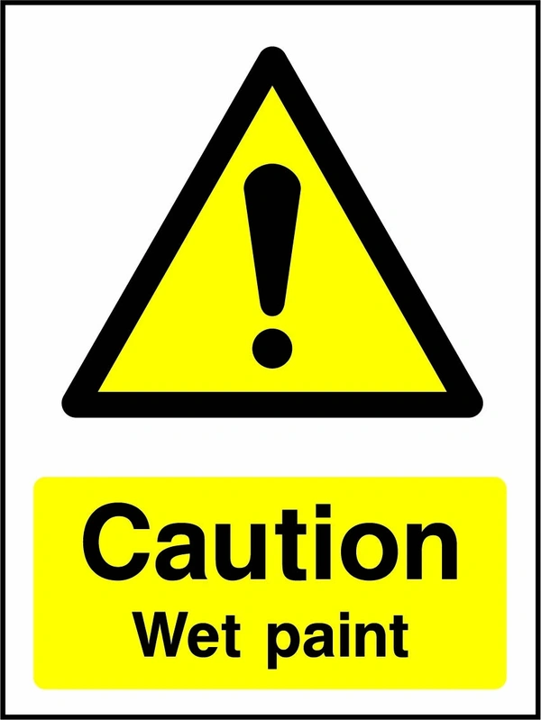 Caution — Wet paint sign showing yellow exclamation warning pictogram above wording. Artwork GENE0089.