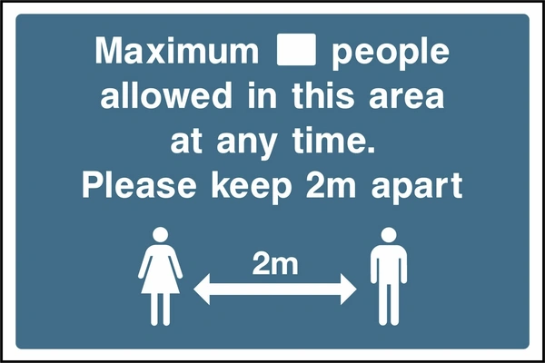 White wording and a two-metre spacing illustration on a blue background with Maximum people allowed in this area at any time — Please keep 2m apart wording. CONS0091 artwork.
