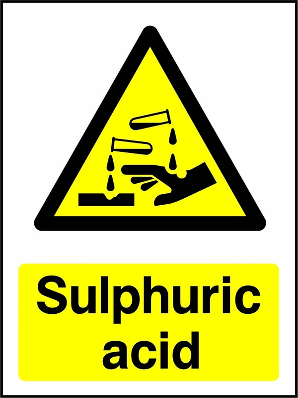 Sulphuric acid sign with yellow triangular corrosion pictogram above wording. Artwork CHEM0050.