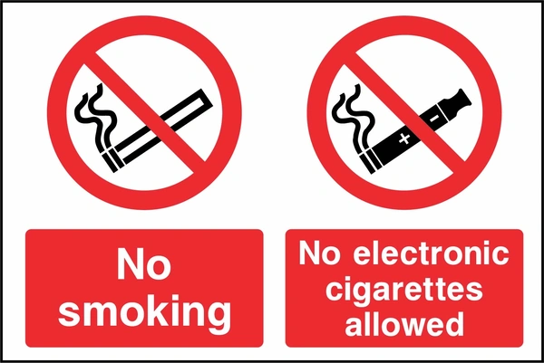 No smoking — No electronic cigarettes allowed sign. multiple coloured smoking and vaping policy panels. Artwork SMOK0046.