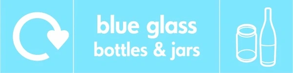 Blue glass bottles & jars recycling sign showing recycling arrow and glass illustration and wording on a light blue letterbox panel. Artwork GLAS0003.