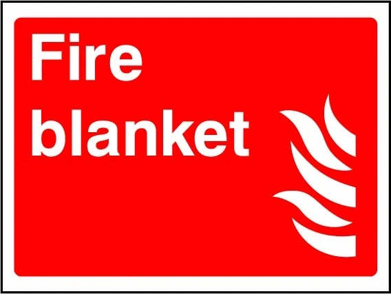 Fire blanket sign showing fire blanket identification with flame pictogram. Artwork FEQP0048.