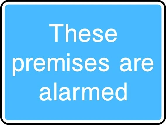 These premises are alarmed printed sign. Blue information artwork INFO0052.