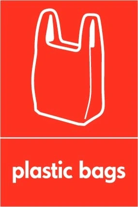 Plastic bags recycling sign showing white plastic illustration and wording on a red portrait panel. Artwork PLAS0021.