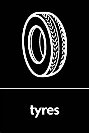 Tyres recycling sign showing item illustration with white wording on black. Artwork AUTO0016.