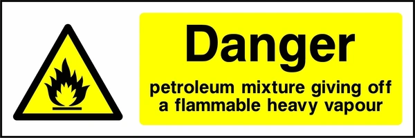 Danger — Petroleum mixture giving off a flammable heavy vapour sign with yellow triangular flame pictogram beside wording. Artwork CHEM0040.