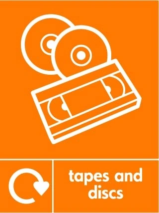 Tapes and discs collection-point artwork with a white recycling arrow, item illustration and wording on orange. OTHE0040.