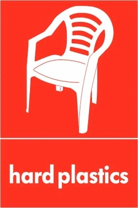 Hard plastics recycling sign showing white plastic illustration and wording on a red portrait panel. Artwork PLAS0019.