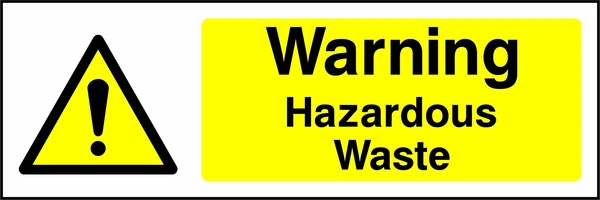 Warning — Hazardous waste sign with yellow triangular exclamation mark pictogram beside wording. Artwork CHEM0027.