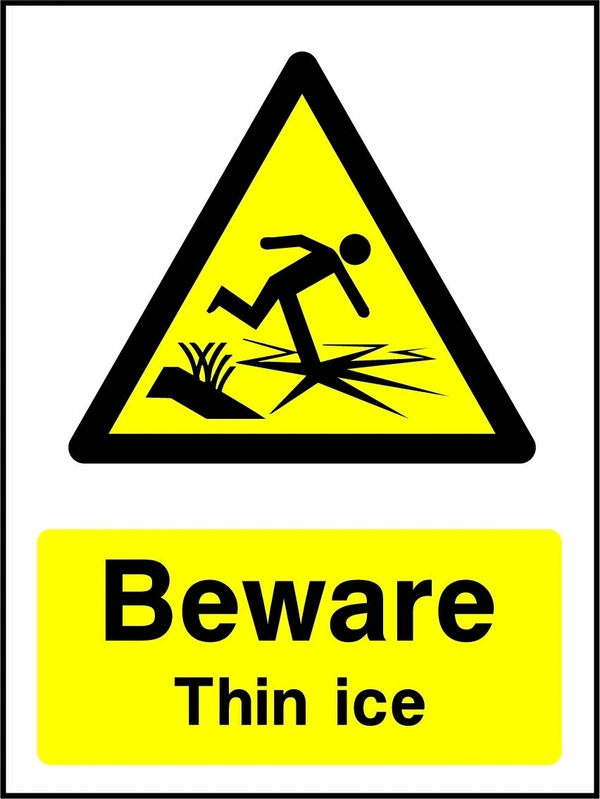 Beware — Thin ice sign showing a yellow warning triangle above the printed water or coastal hazard message. Artwork WATE0031.