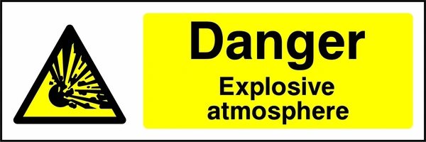Danger — Explosive atmosphere sign with yellow triangular explosion pictogram beside wording. Artwork CHEM0042.