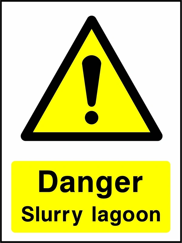 Danger — Slurry lagoon sign showing yellow warning triangle and exclamation mark above wording. Artwork COUN0021.