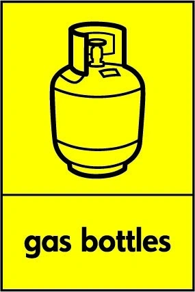 Gas bottles sign showing black pictogram and wording on a yellow panel. Artwork HAZA0009.
