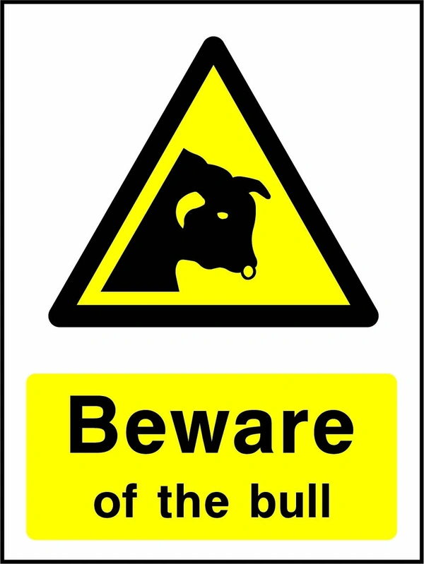 Beware of the bull sign showing yellow animal warning triangle above wording. Artwork COUN0014.