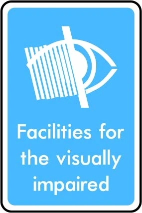Facilities for the visually impaired printed sign. Blue information artwork INFO0030.
