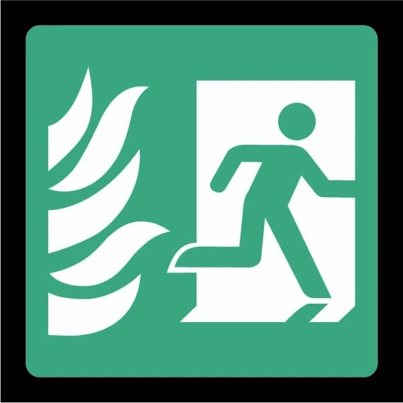 Green and white Fire exit pictogram — Right sign showing right-facing running person and flames. Artwork EMER0056.
