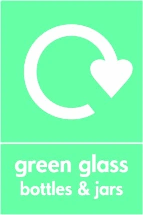 Green glass bottles & jars recycling sign showing recycling arrow and wording on a light green portrait panel. Artwork GLAS0033.