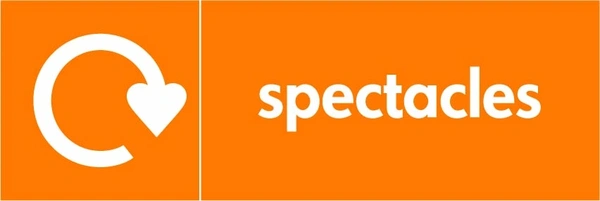 Spectacles collection-point artwork with a white recycling arrow and wording on orange. OTHE0008.