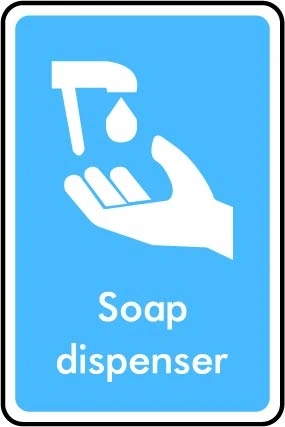 Soap dispenser printed sign. Blue information artwork INFO0012.