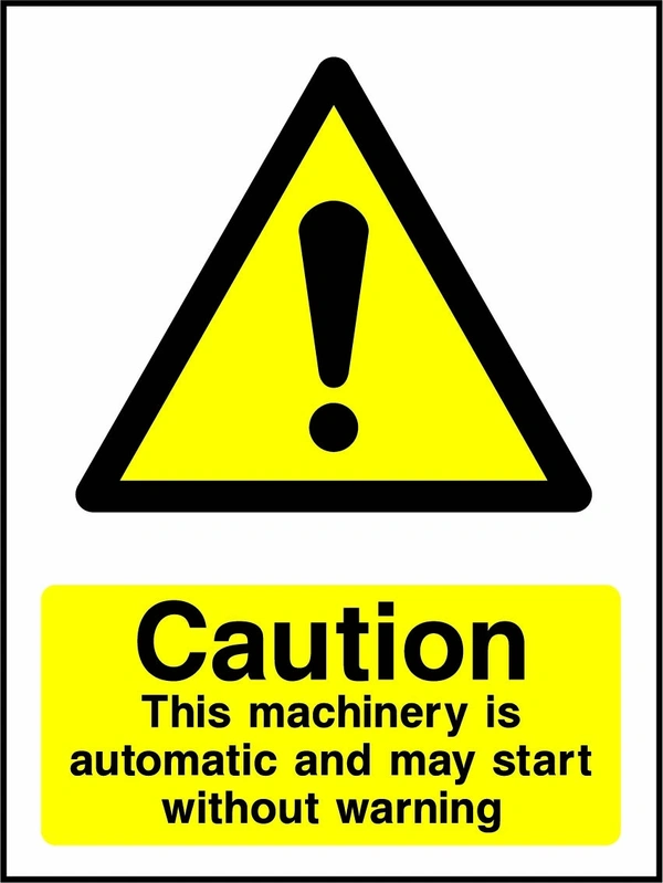 Caution — This machinery is automatic and may start without warning sign showing yellow exclamation warning pictogram above wording. Artwork GENE0069.
