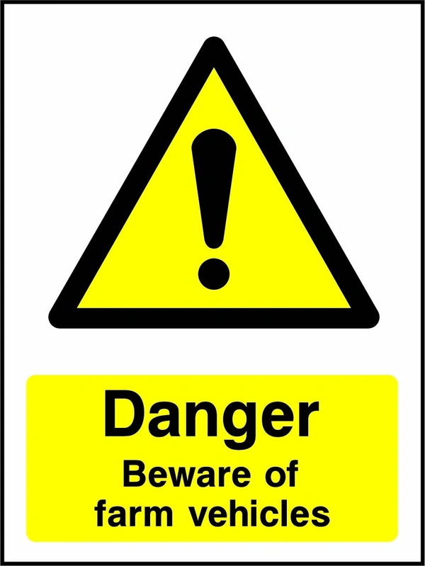 Danger — Beware of farm vehicles sign showing yellow warning triangle and exclamation mark above wording. Artwork COUN0064.
