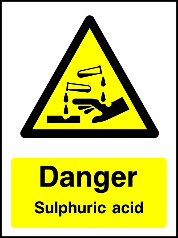 Danger — Sulphuric acid sign with yellow triangular corrosion pictogram above wording. Artwork CHEM0053.