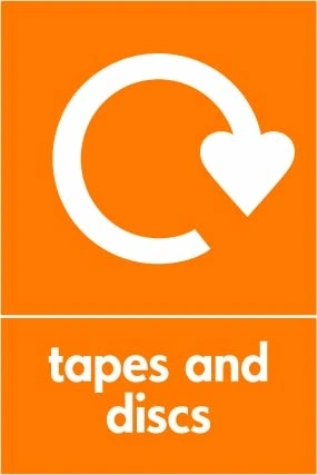 Tapes and discs collection-point artwork with a white recycling arrow and wording on orange. OTHE0050.