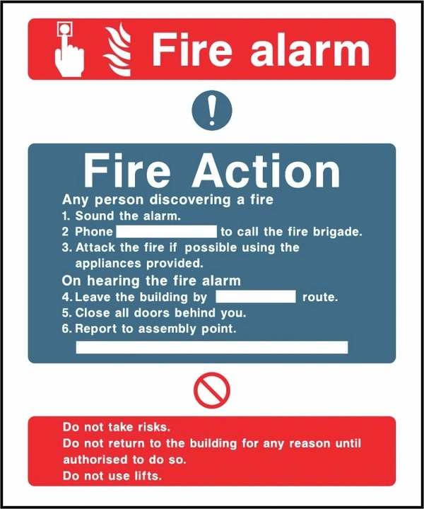 Fire alarm — Fire Action printed notice with the original action instructions and layout. Artwork FACT0004.