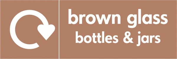 Brown glass bottles & jars recycling sign showing recycling arrow and wording on a brown letterbox panel. Artwork GLAS0010.