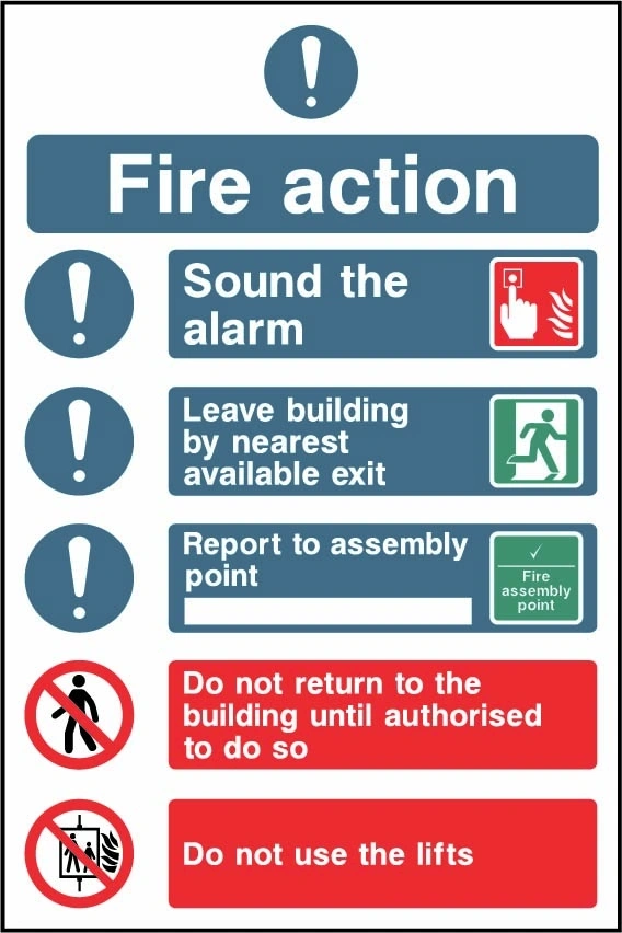 Fire Action printed notice with the original action instructions and layout. Artwork FACT0025.