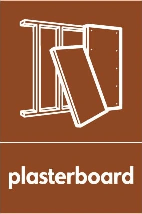 Plasterboard recycling sign showing material illustration with white wording on brown. Artwork BUIL0029.
