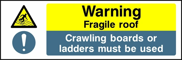 Warning — Fragile roof — Crawling boards or ladders must be used. Stacked message panels. Artwork MULT0009.