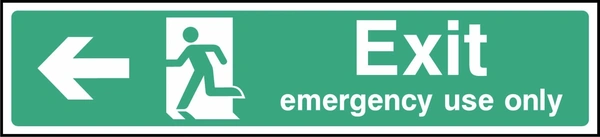 Green and white Exit — emergency use only sign showing left-pointing arrow. Artwork EMER0031.