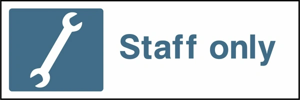 Staff only sign showing a blue identification pictogram beside the printed location wording. Artwork GARA0018.