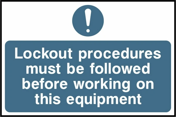 Lockout procedures must be followed before working on this equipment. a blue instruction panel and mandatory symbol. Artwork LOCK0002.