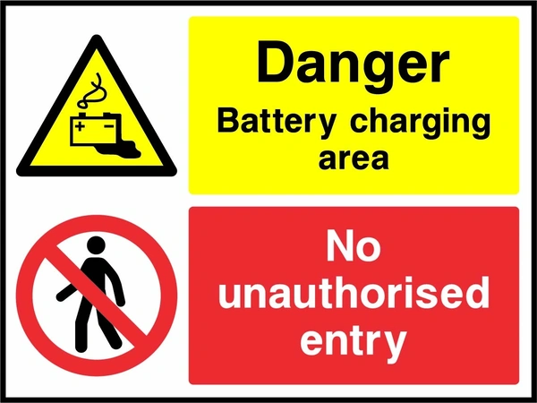 Danger — Battery charging area — No unauthorised entry sign showing the supplied warning, instruction and information panels. Artwork GARA0028.