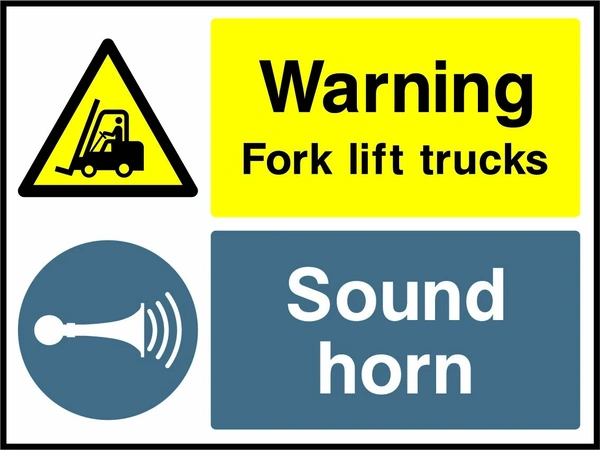 Warning — Fork lift trucks — Sound horn sign showing the supplied warning, instruction and information panels. Artwork GARA0031.