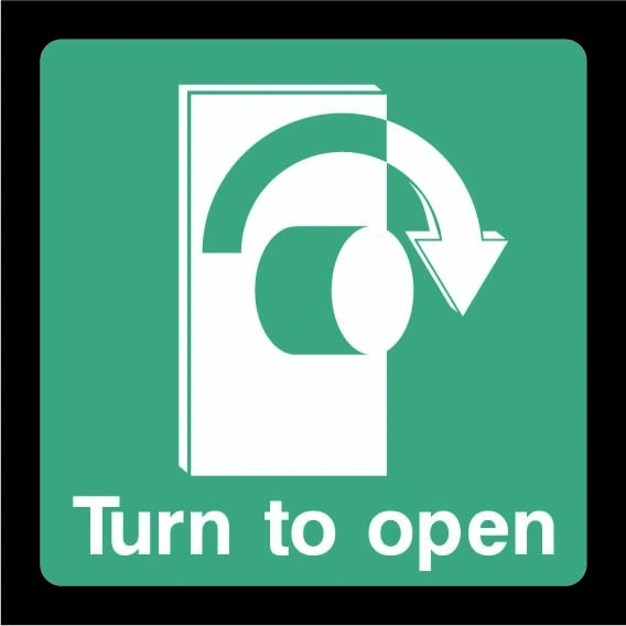 Green and white Turn to open sign showing clockwise knob arrow. Artwork EMER0050.