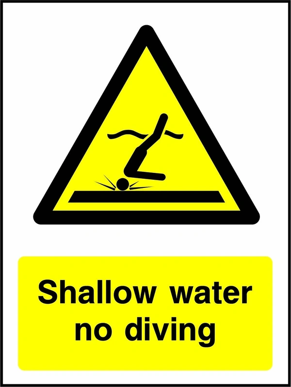 Shallow water — No diving sign showing a yellow warning triangle above the printed water or coastal hazard message. Artwork WATE0044.
