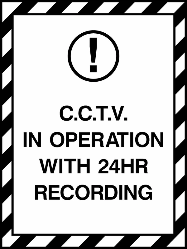 C.C.T.V. In Operation With 24hr Recording sign. black wording with a black-and-white diagonal border. Supplied artwork PARK0049.