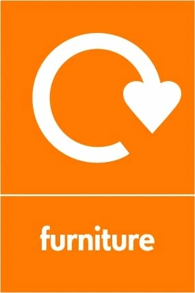 Furniture collection-point artwork with a white recycling arrow and wording on orange. OTHE0045.