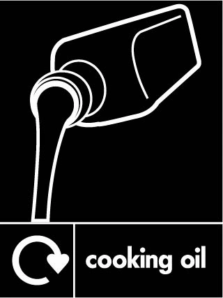 Cooking oil recycling sign showing white recycling arrow and waste illustration and wording on a black portrait panel. Artwork ORGA0021.