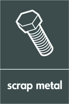 Scrap metal recycling sign showing white material illustration and wording on a dark grey portrait panel. Artwork META0052.