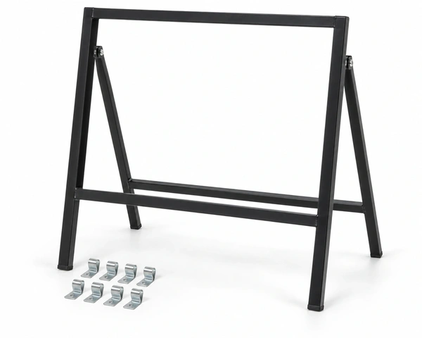 Illustrative mockup of a folding rectangular steel sign frame with panel fixing clips. Printed panel is not included in the online kit.