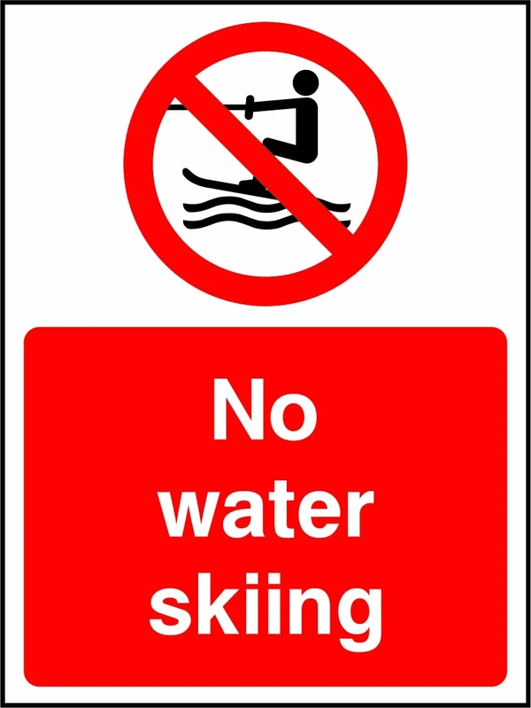 No water skiing sign showing a red prohibition pictogram above the printed instruction. Artwork WATE0010.
