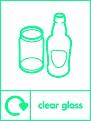 Clear glass recycling sign showing recycling arrow and glass illustration and wording on a green on white portrait panel. Artwork GLAS0027.