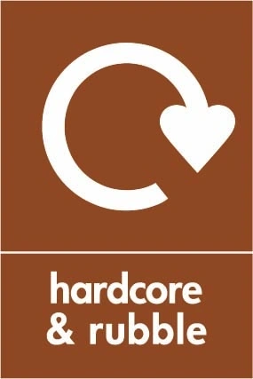 Hardcore & rubble recycling sign showing recycling arrow with white wording on brown. Artwork BUIL0022.
